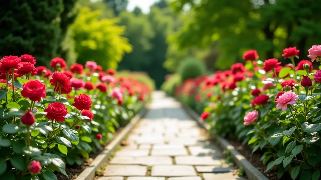 Rose garden section with vibrant red and pink blooms, stone pathway lined with flower beds, peaceful garden setting