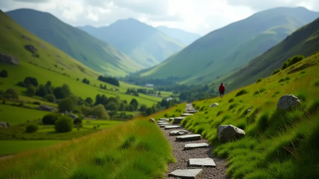 Lush green valley in Kerry with mountain views and accessible hiking trail marked with stones