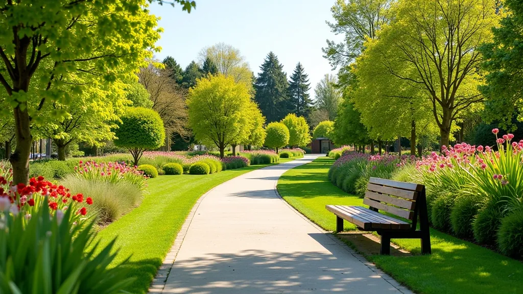 Botanical gardens with colorful flower beds, benches for seating, and wide pathways between themed sections
