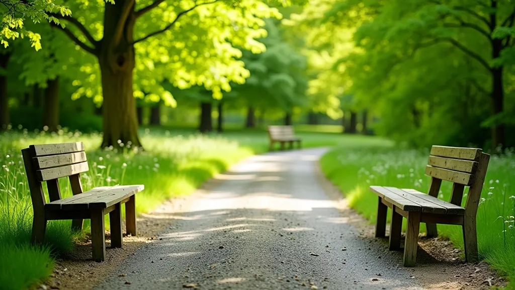 Well-maintained hiking trail with wooden benches for rest, directional signage, and forest canopy providing shade
