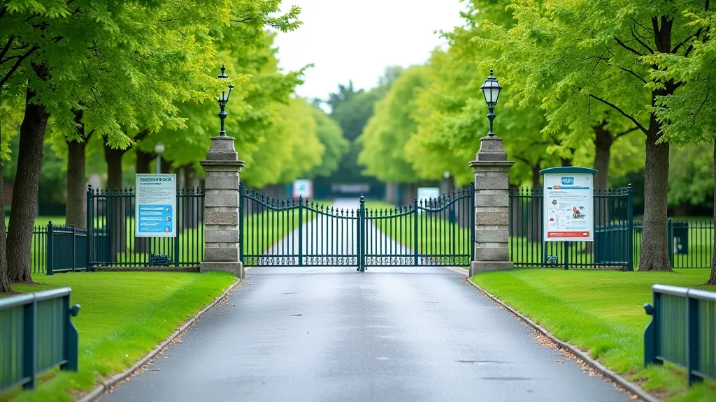 Park entrance gates with visitor information signage and accessible pathways visible