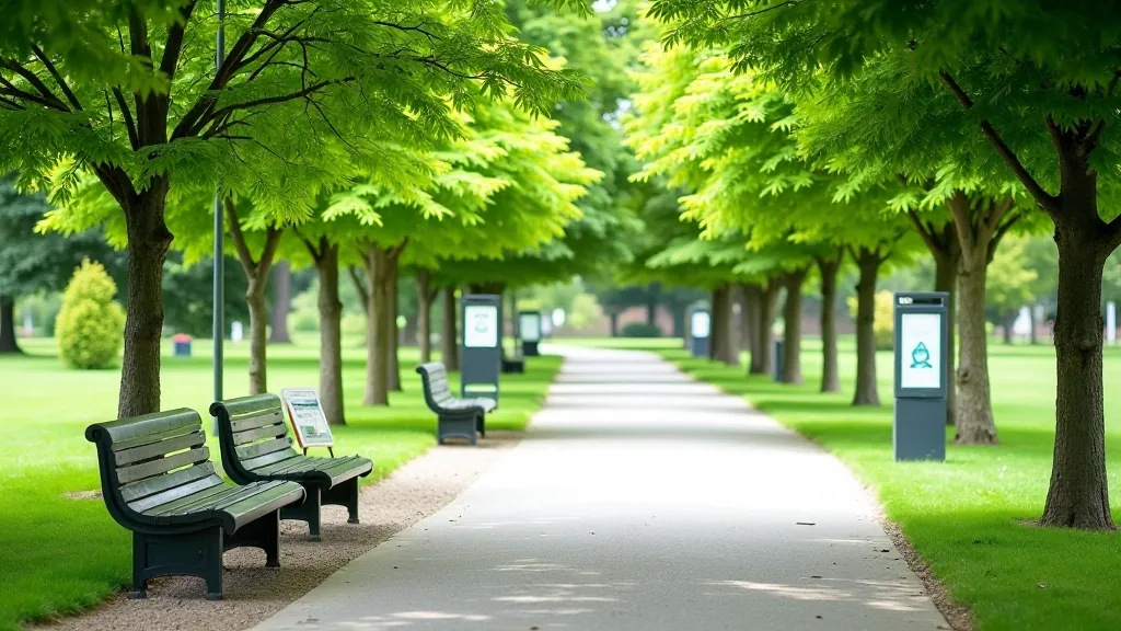 Rest area in park with wooden benches, pathways, and informational signs visible