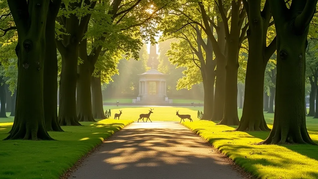 Scenic tree-lined pathway in Phoenix Park with deer visible in the distance and monuments visible on the horizon
