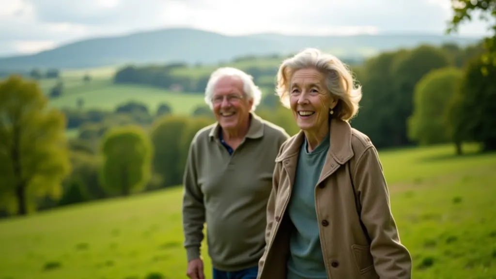 Older couple enjoying a peaceful walk through green parkland in Ireland