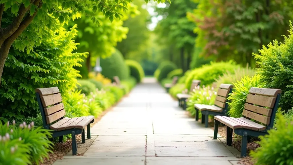 Accessible pathway with benches, wide flat surface suitable for mobility aids, well-maintained botanical garden setting